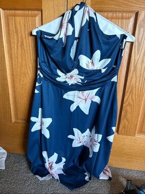 Strapless Navy Blue Floral Maxi Dress